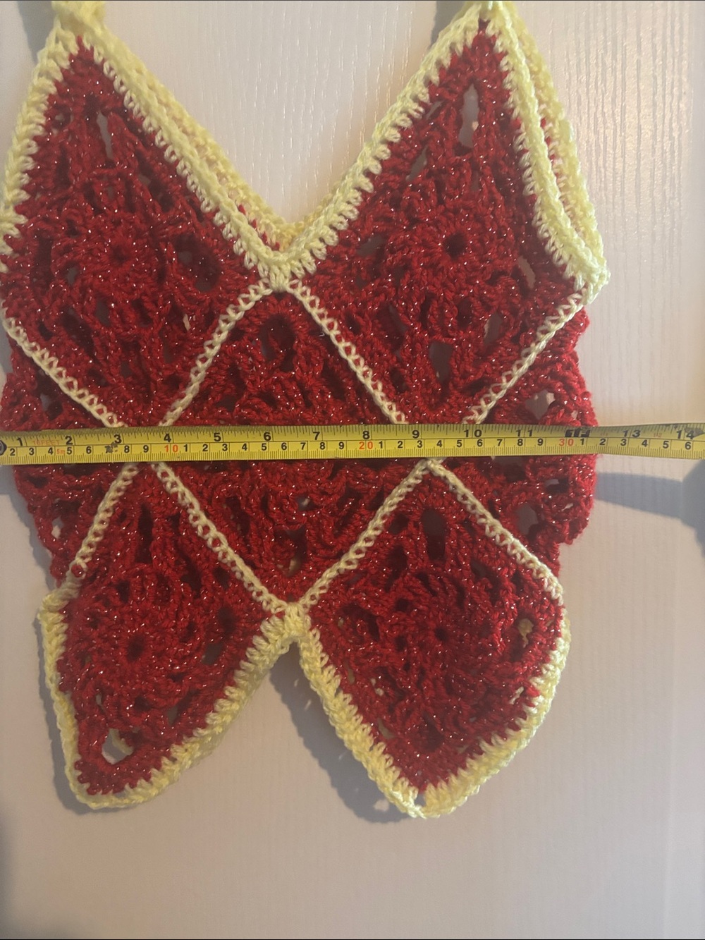 Handmade Red Crochet Diamond-Panel Tank Top with Yellow Trim - Picture 3 of 5